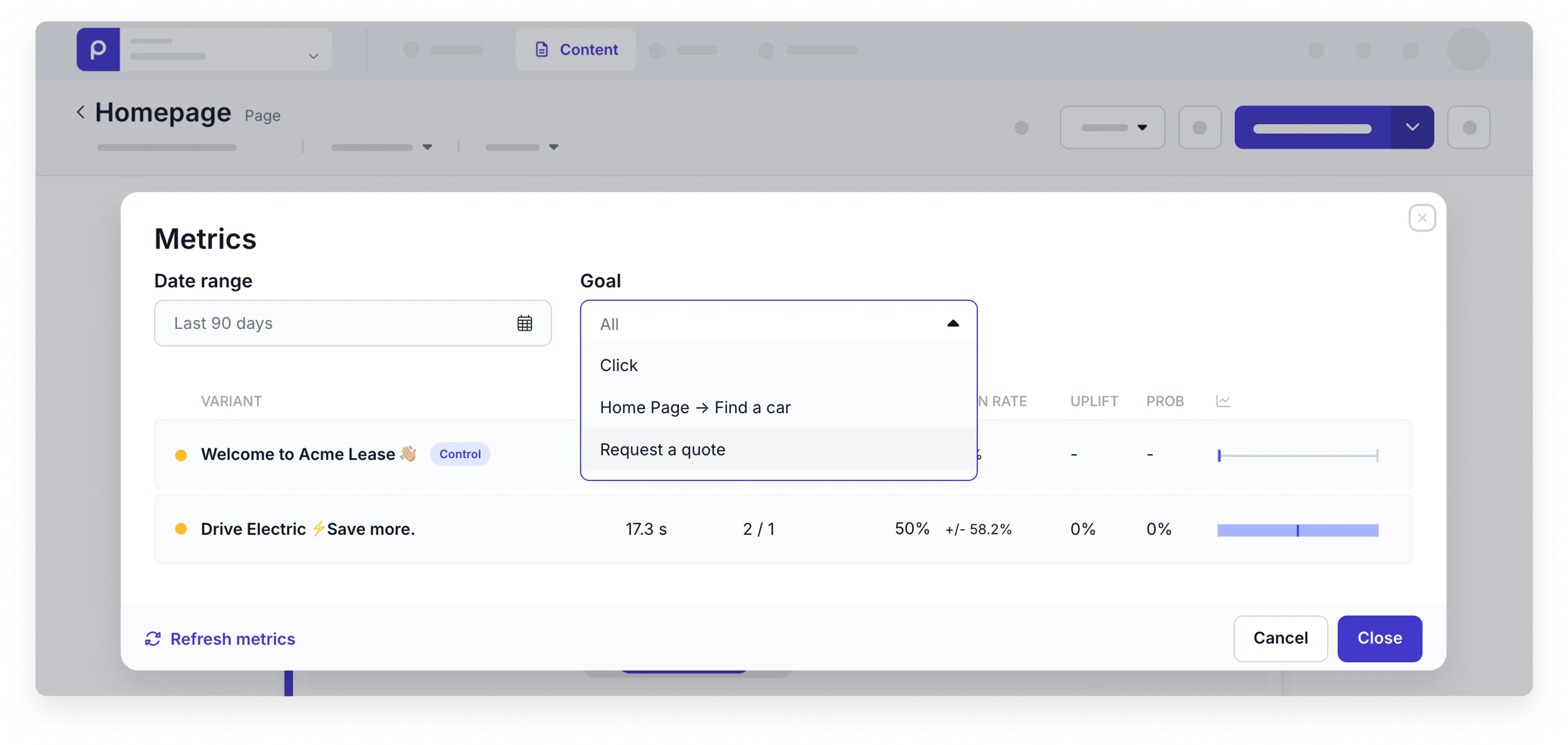 Example metrics with goals