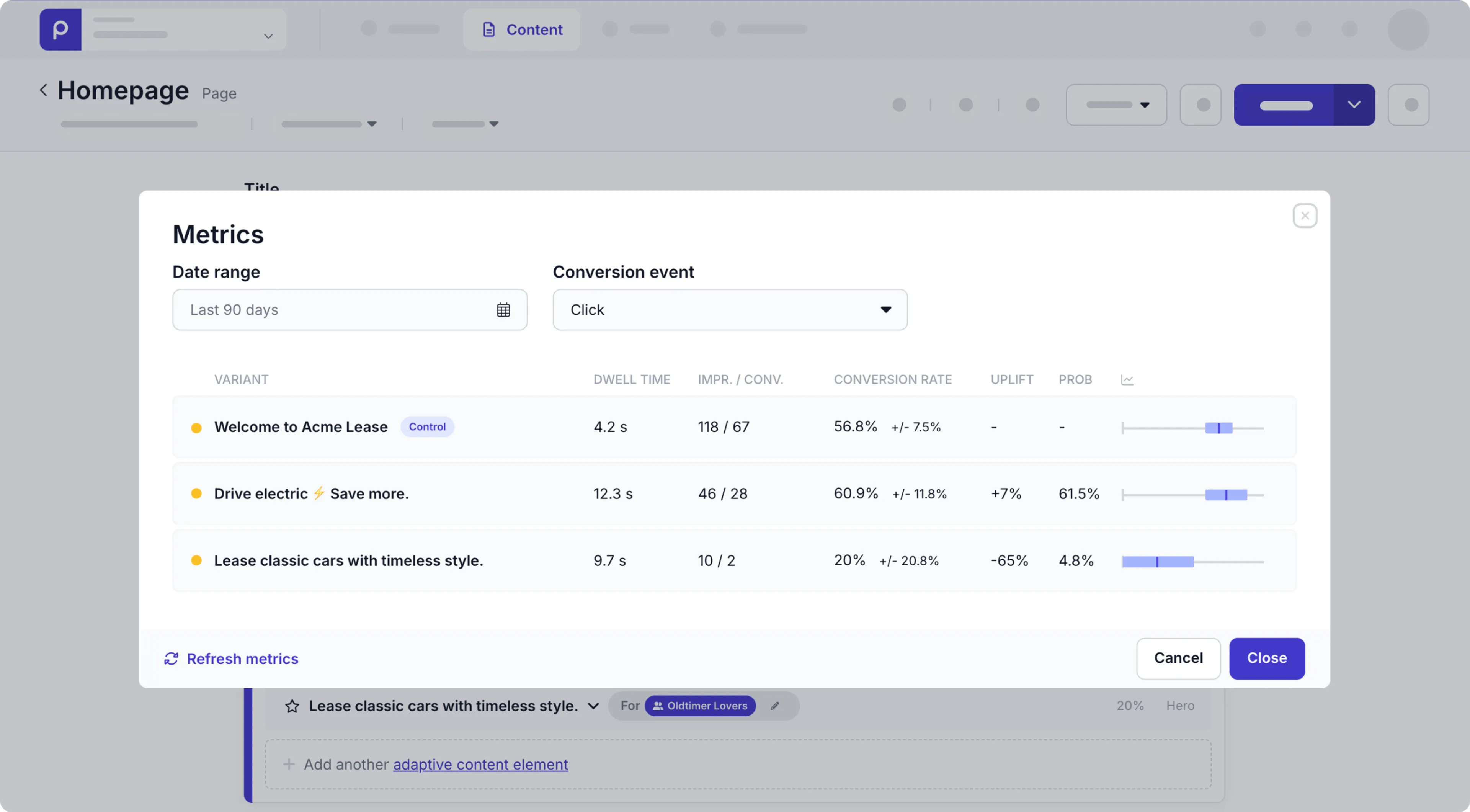 Adaptive content metrics example