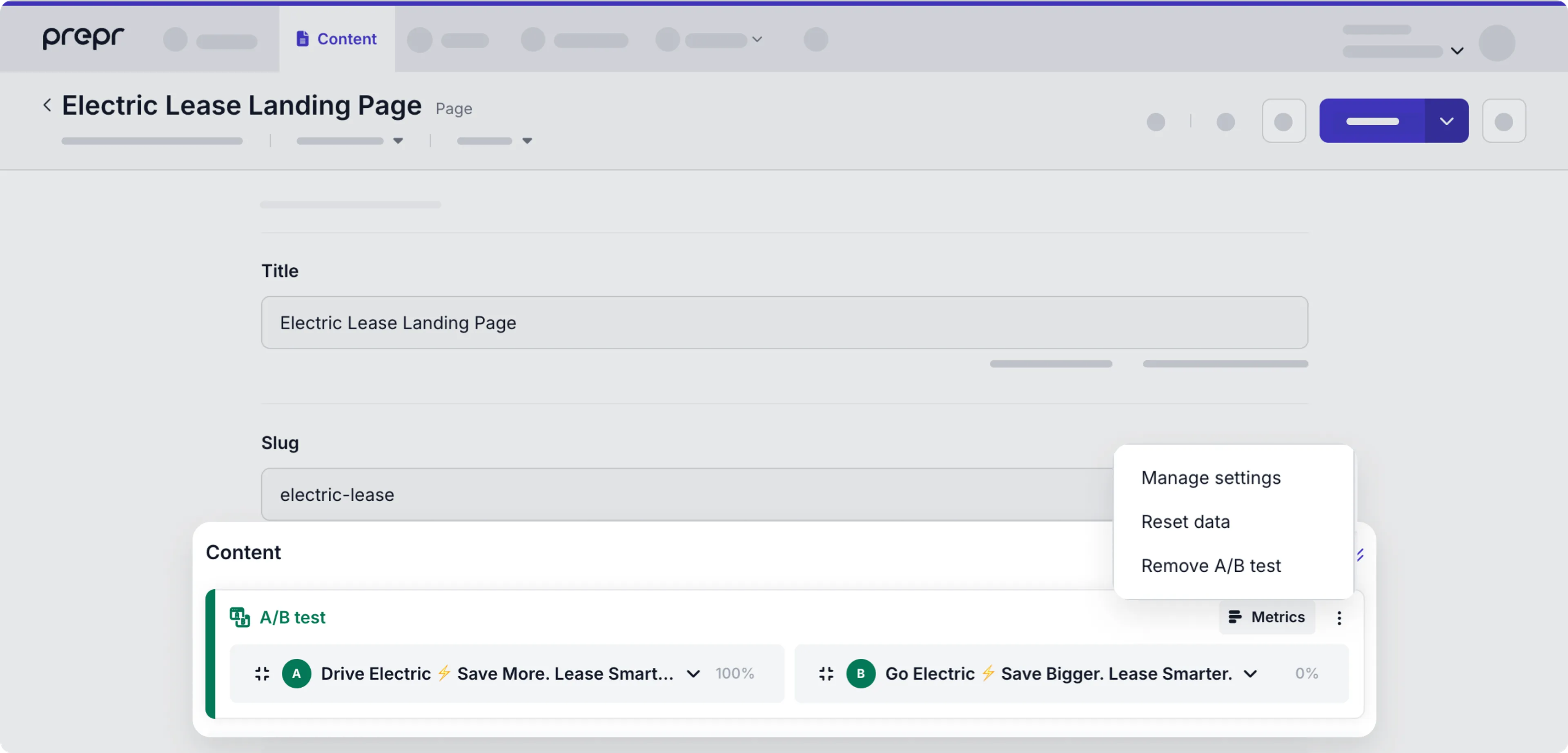change A/B test options