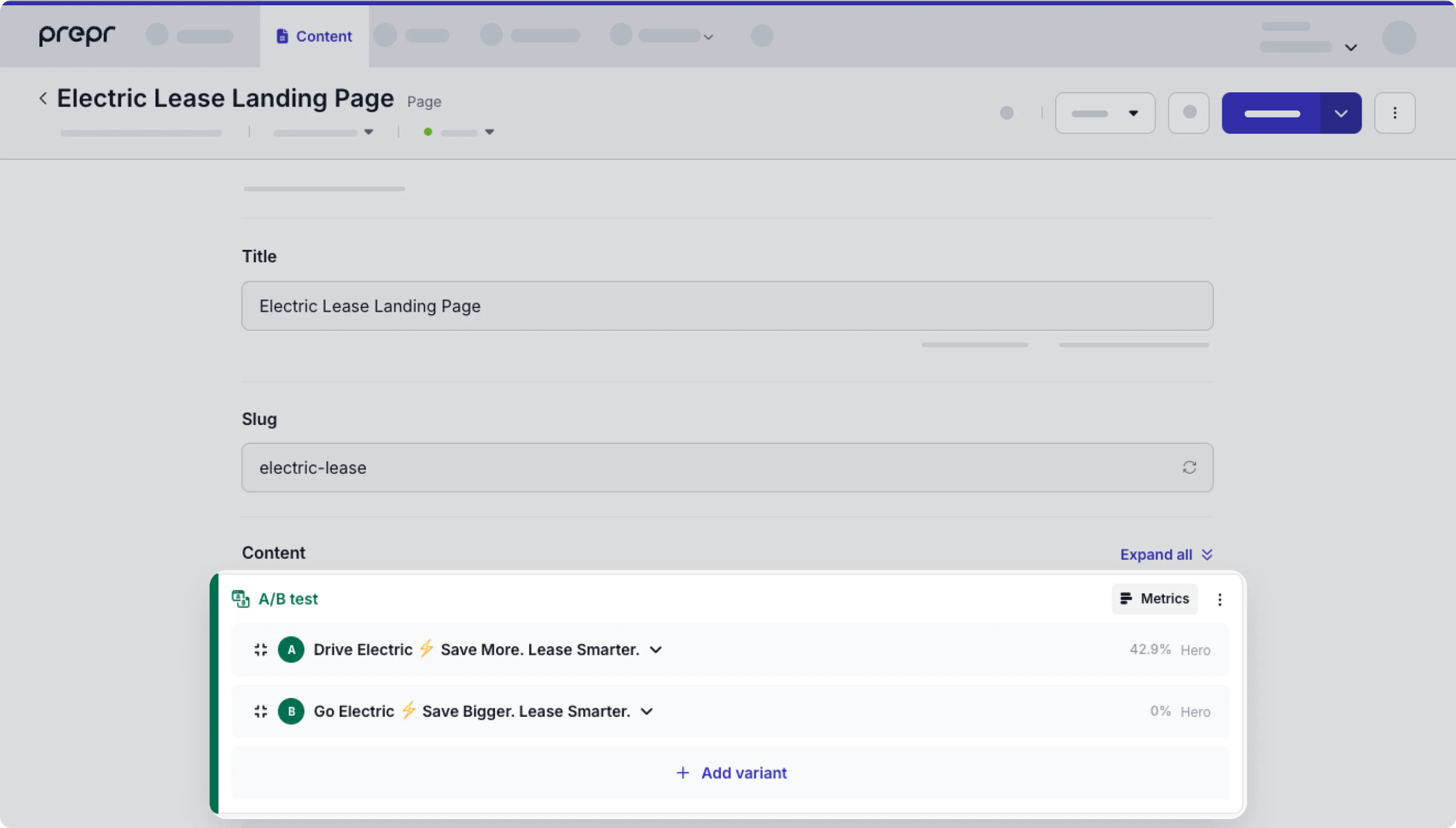 A/B test in Electric lease content item