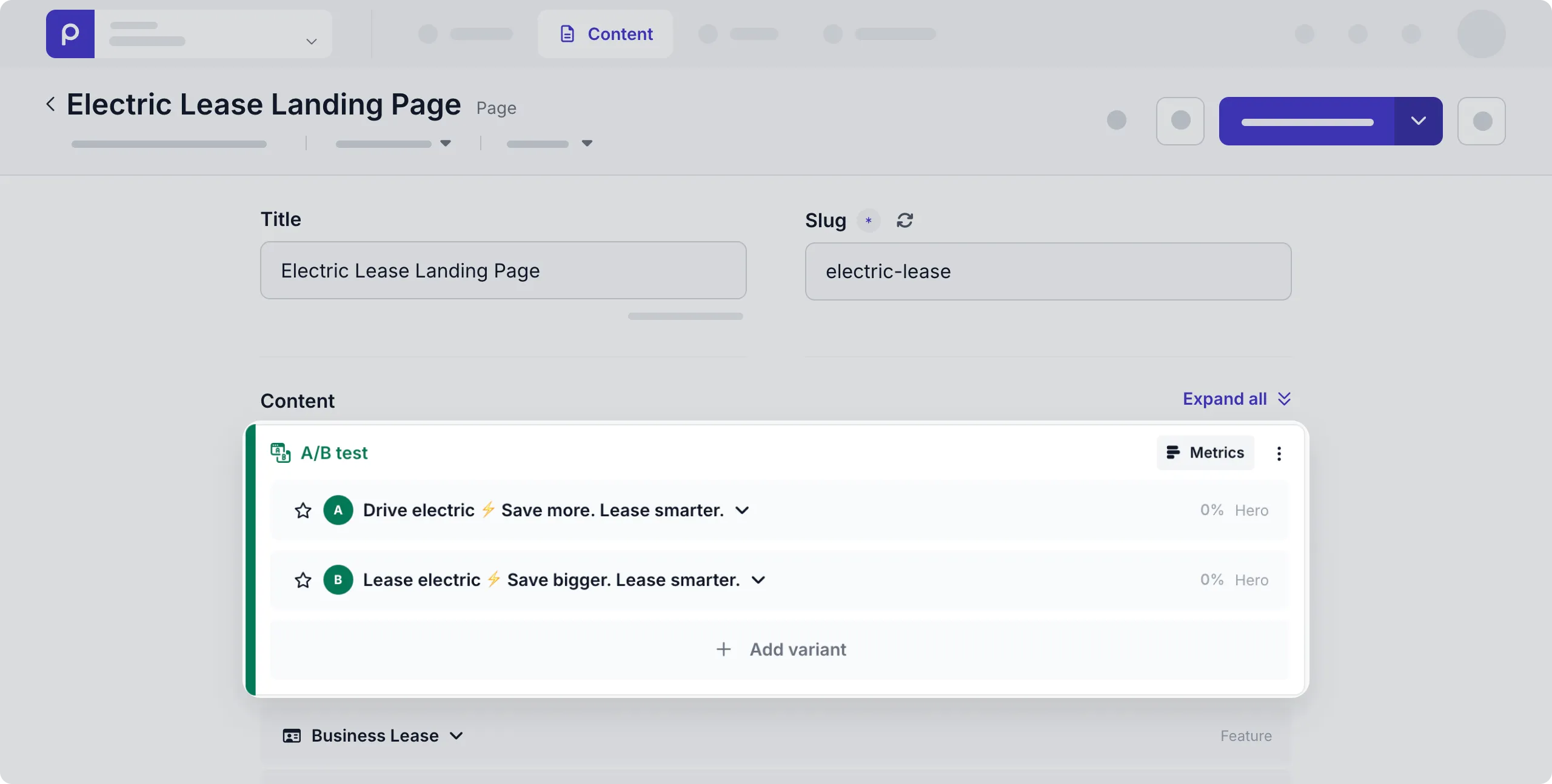 A/B test in Electric lease content item