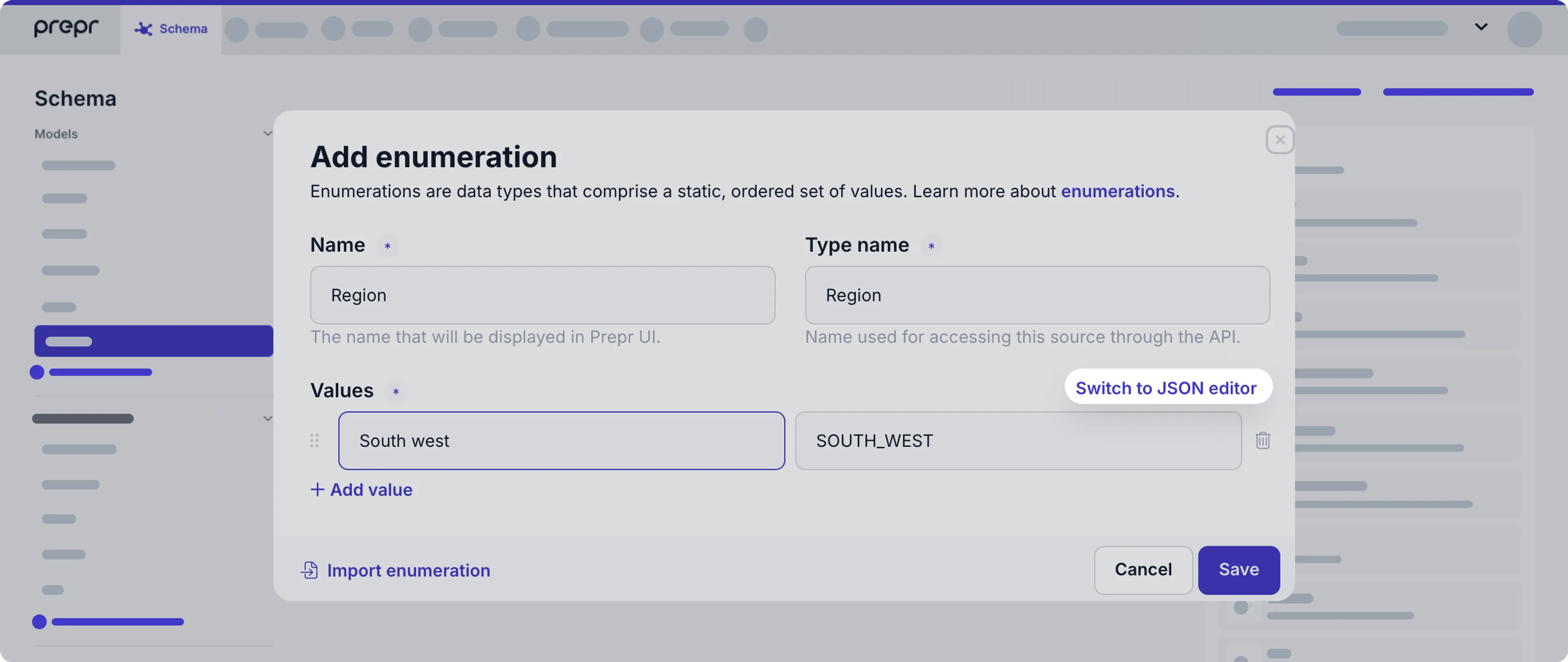 Enumeration JSON editor