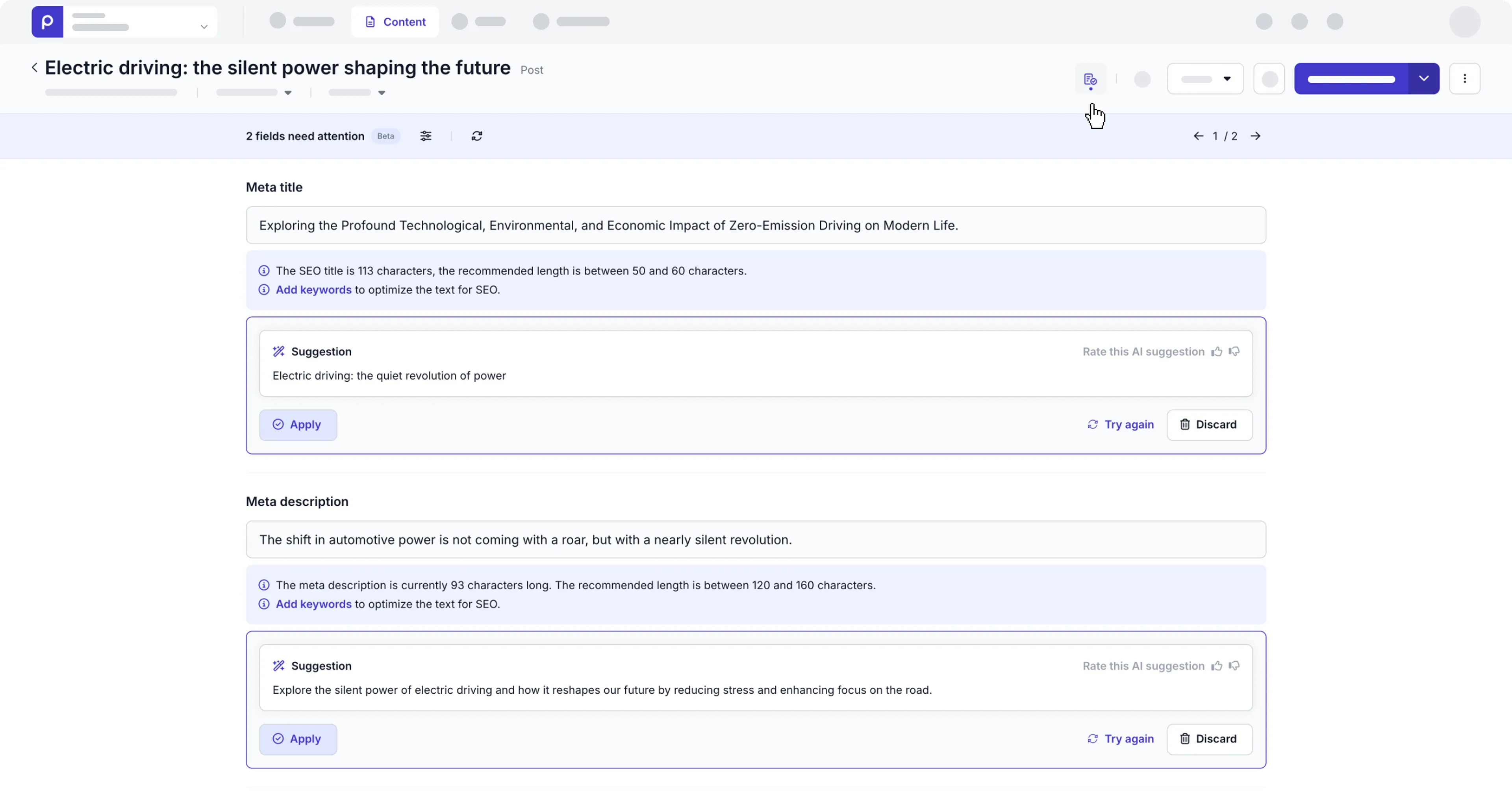 Example content check results with SEO values