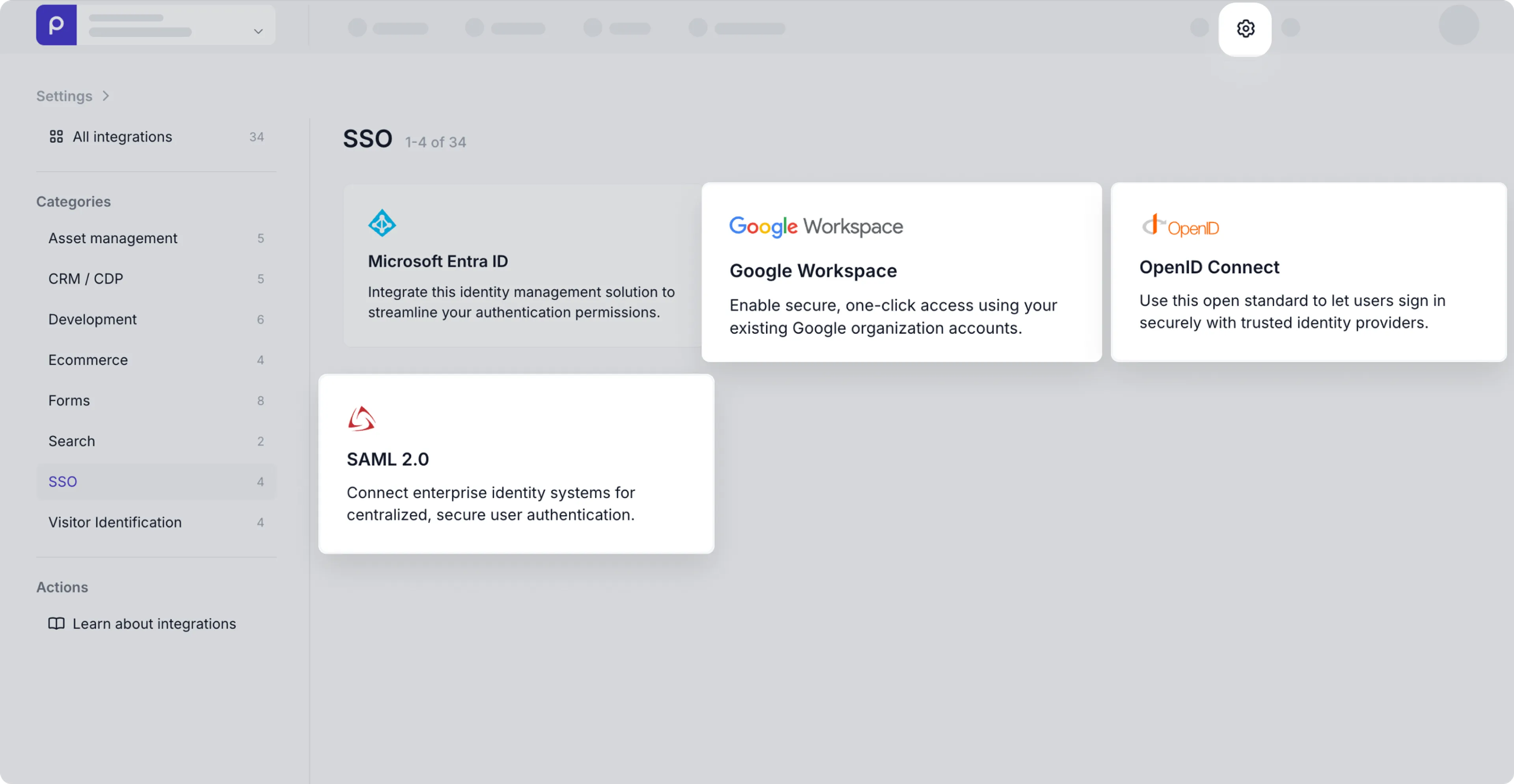 new integration page with SSO options highlighted