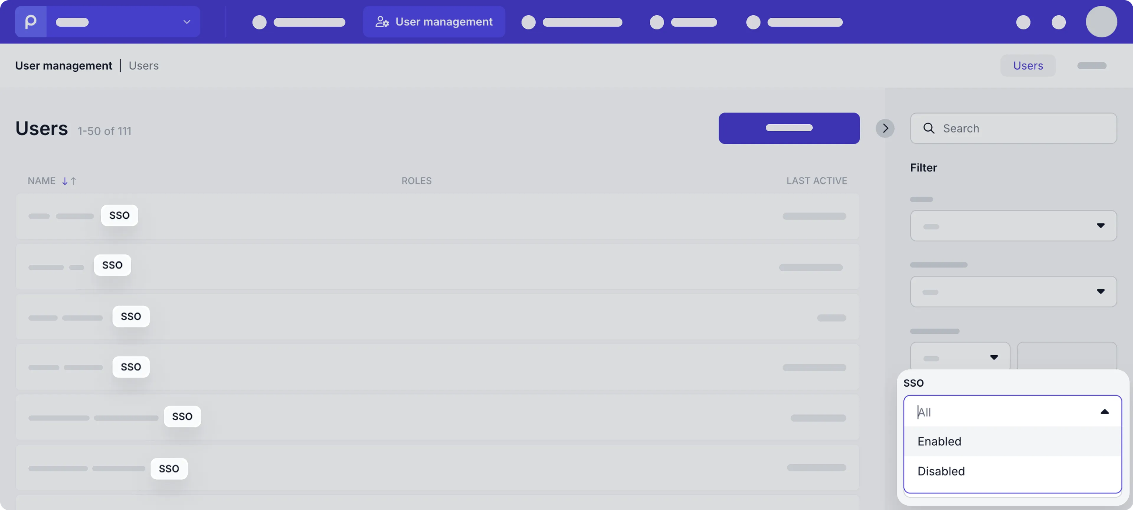 User management - SSO flag and filter 