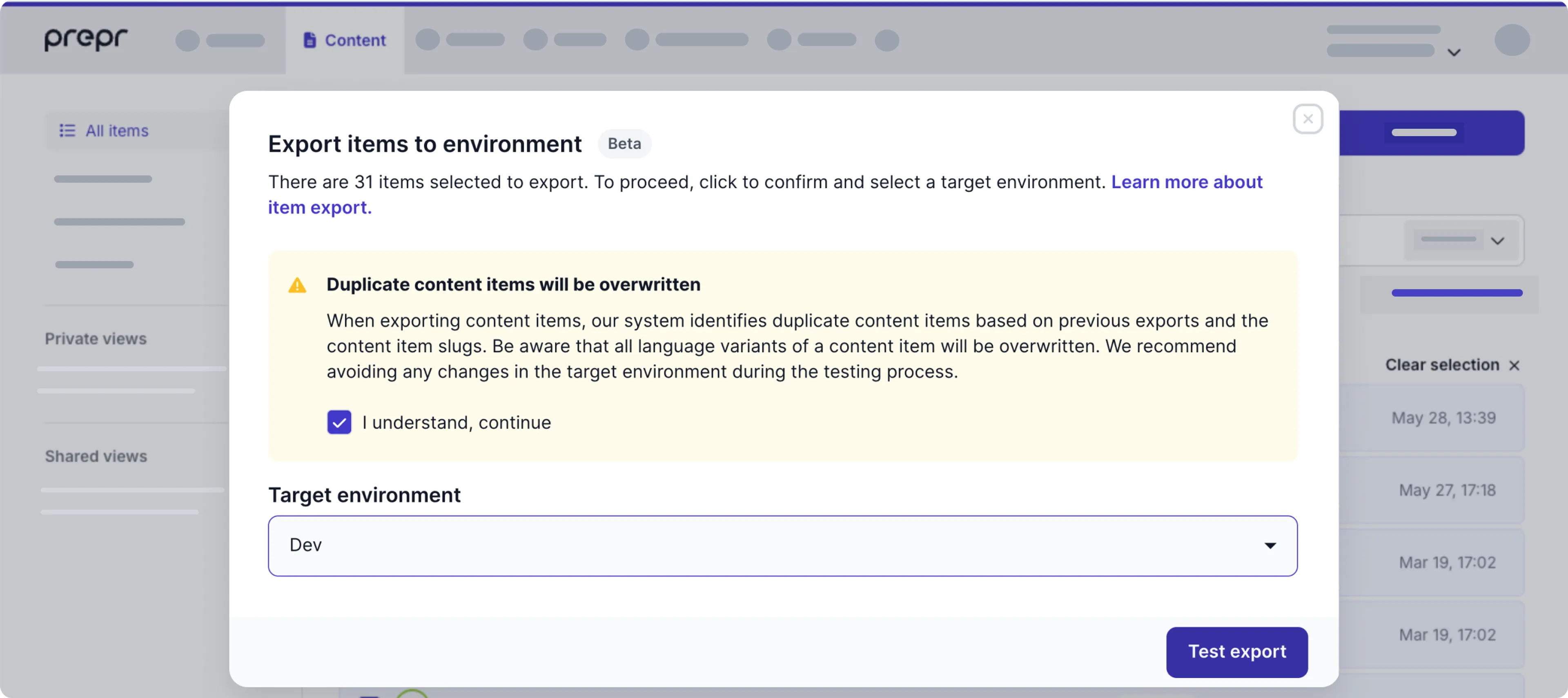 Export content modal