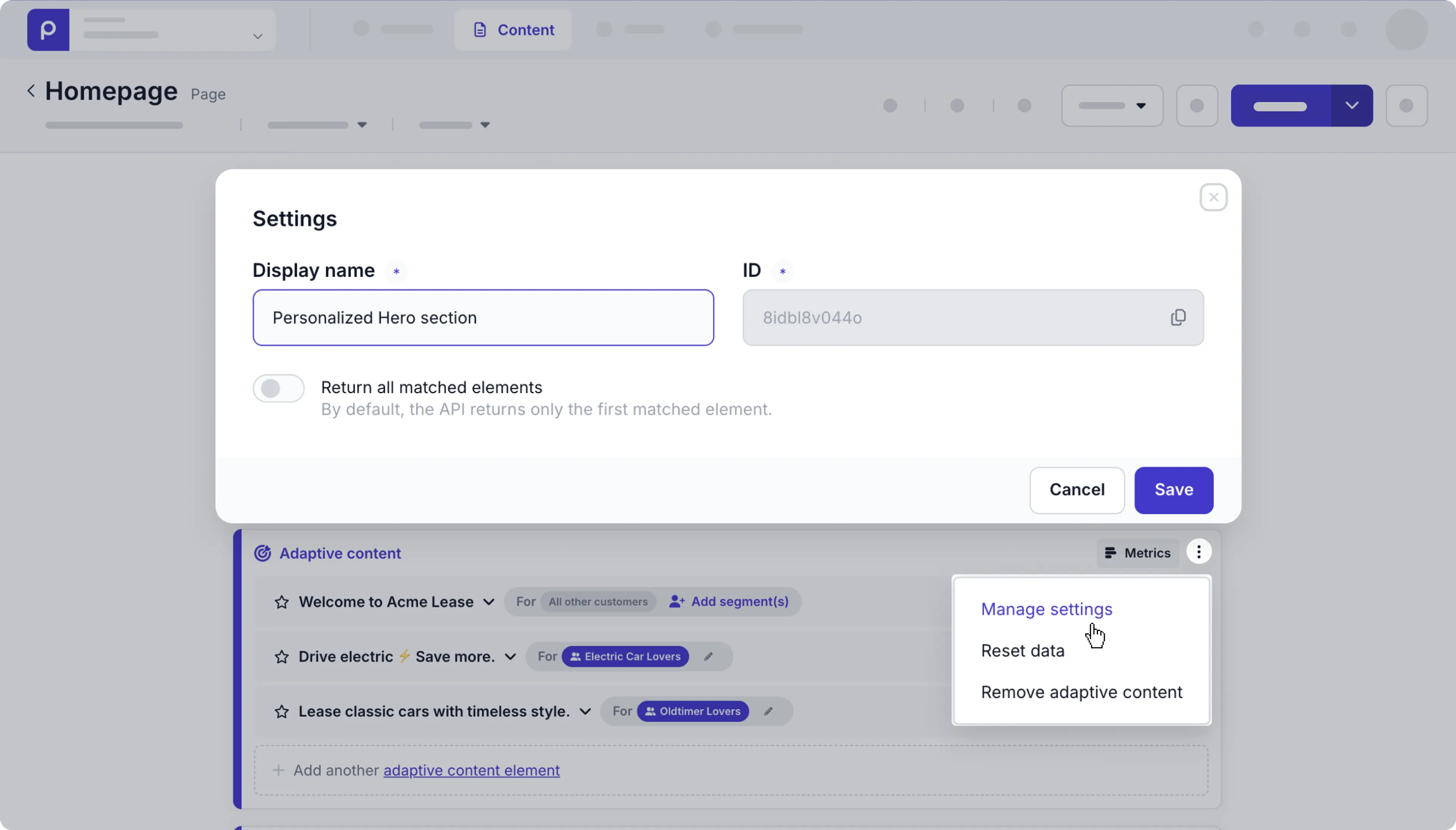 Manage adaptive content - Change name example