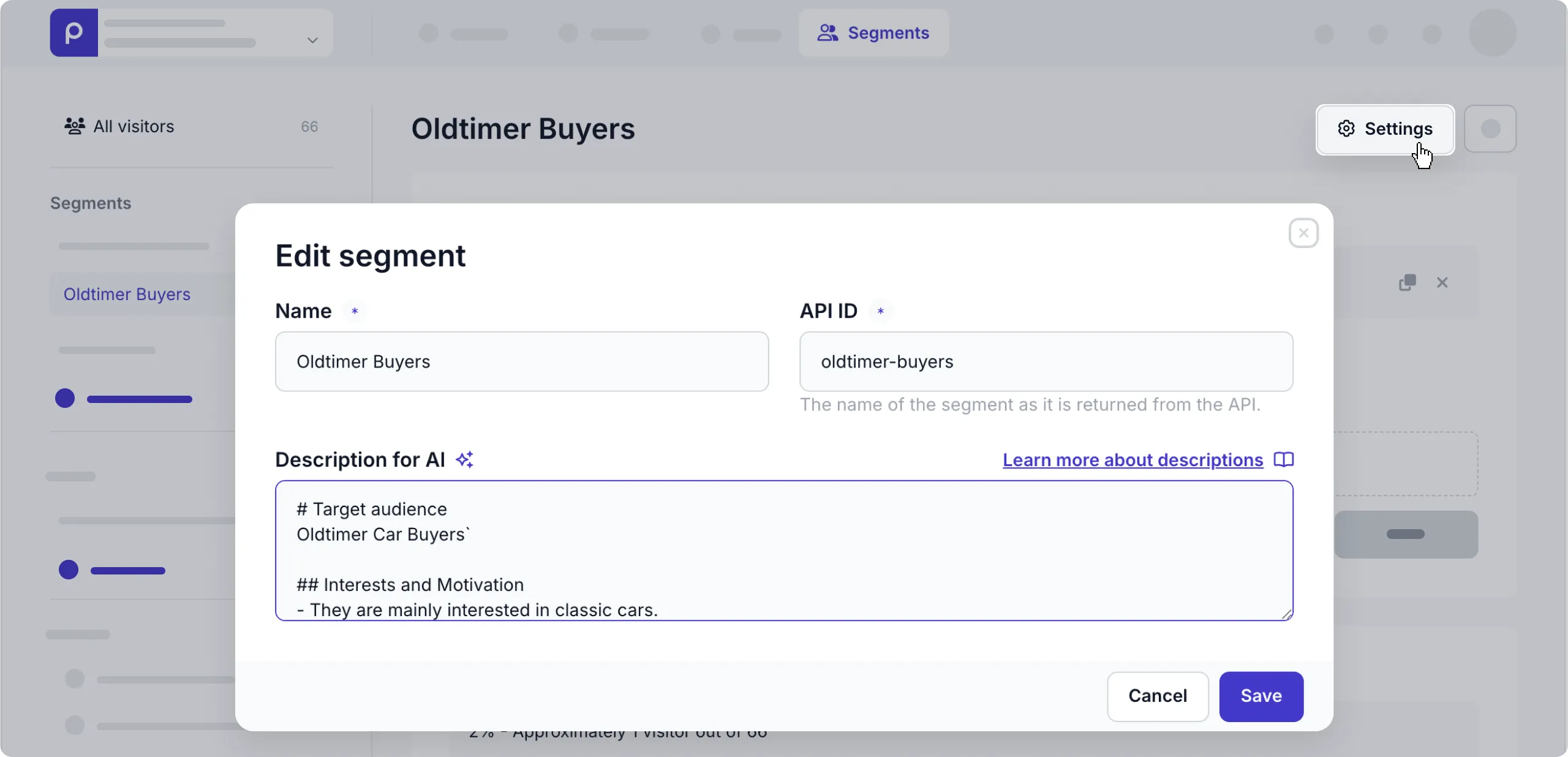 Segment settings - Description for AI