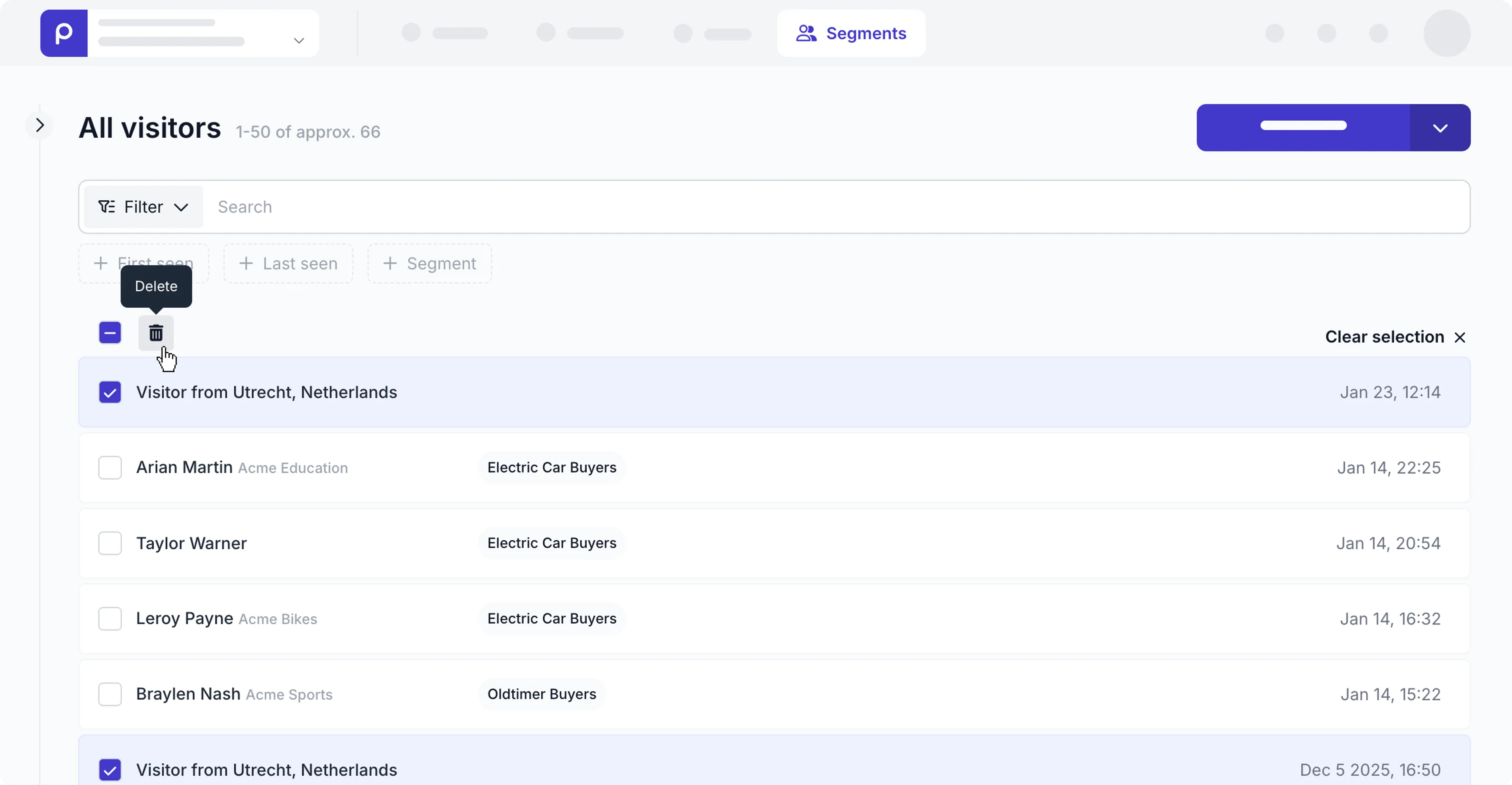 Bulk delete selected visitors
