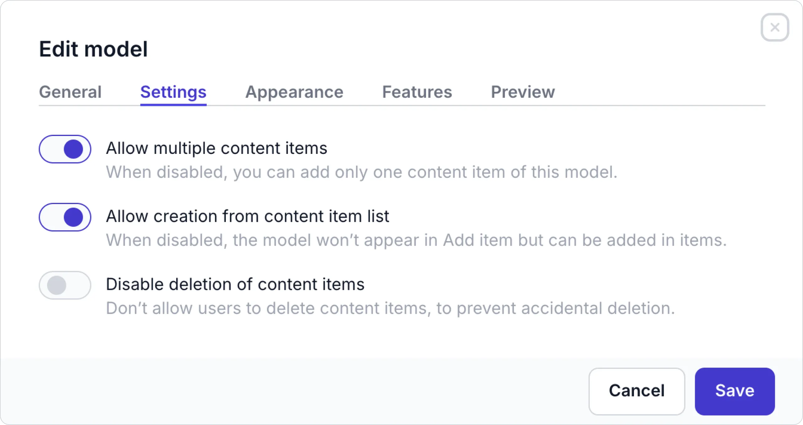 Model settings tab