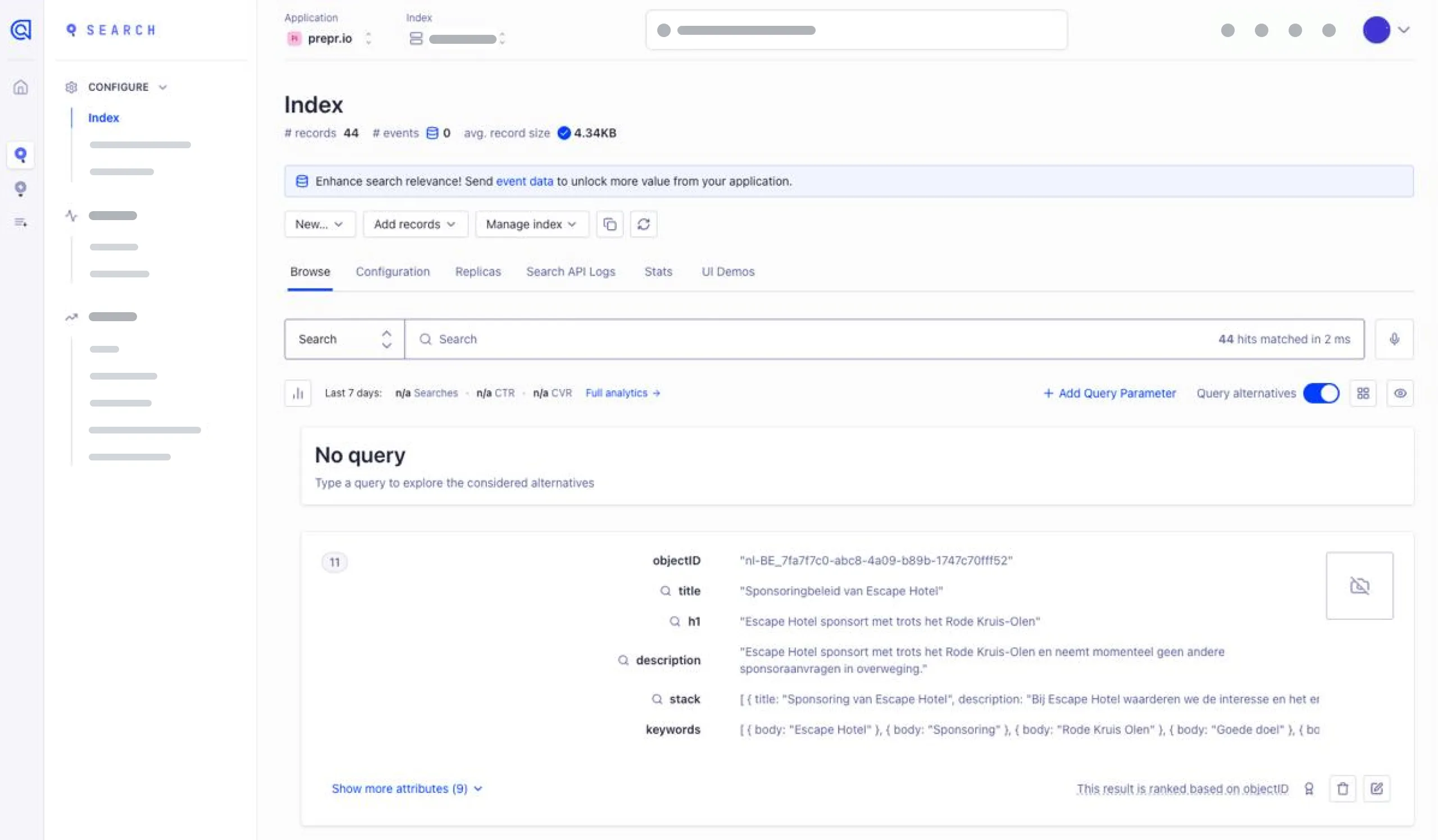 Test in Algolia example