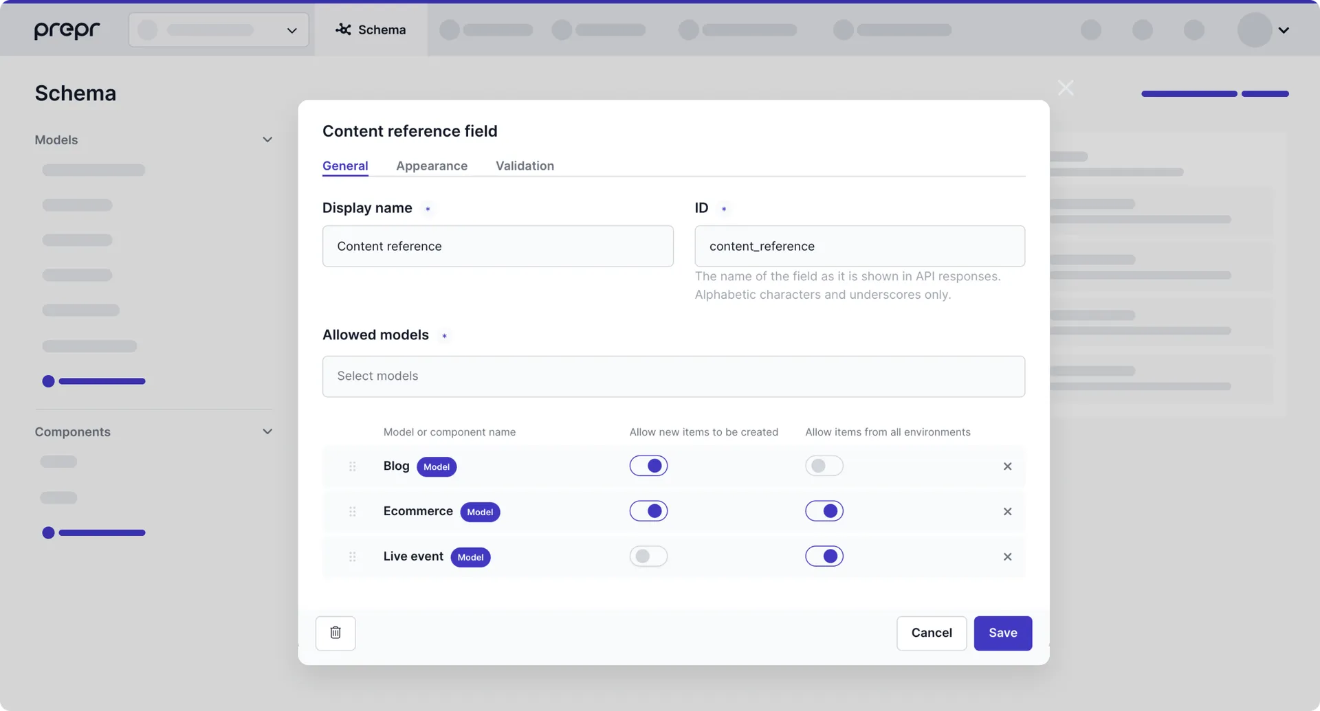 Content reference field in Schema Editor